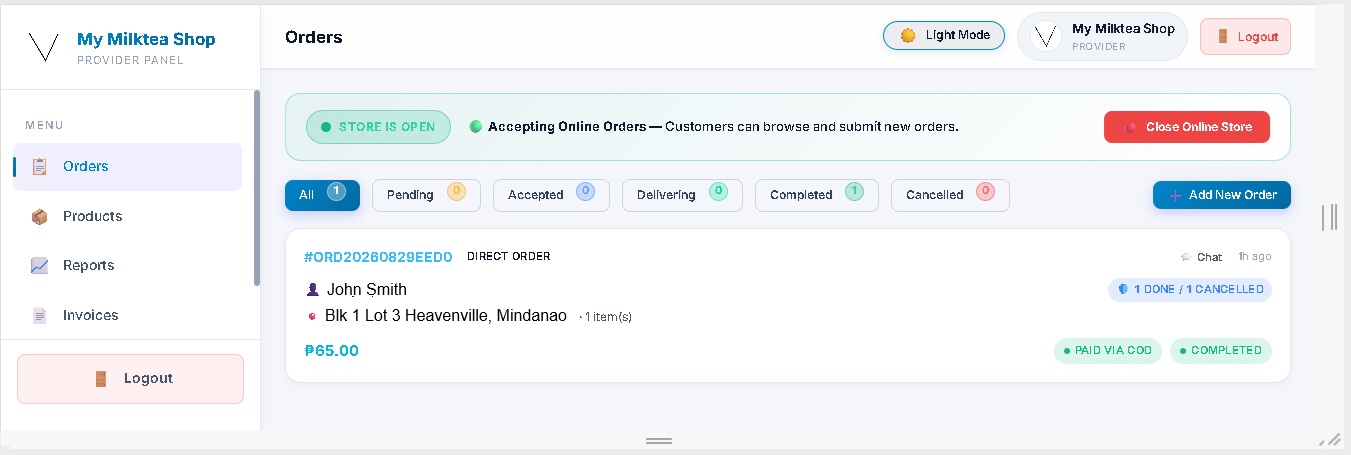 Nexdoor Provider Panel Cloud POS & Order Dashboard Screenshot